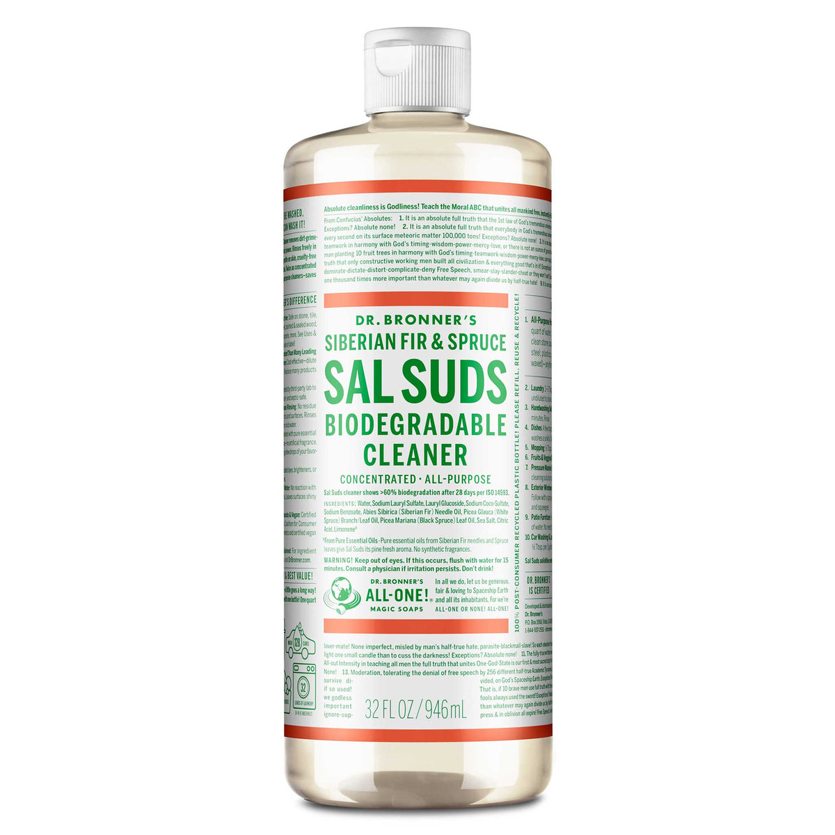 A 32 fl oz bottle of Dr. Bronners Sal Suds Biodegradable Cleaner. The label highlights Siberian Fir Spruce and notes it as a concentrated, all purpose cleaner that is eco friendly and biodegradable [32 oz]