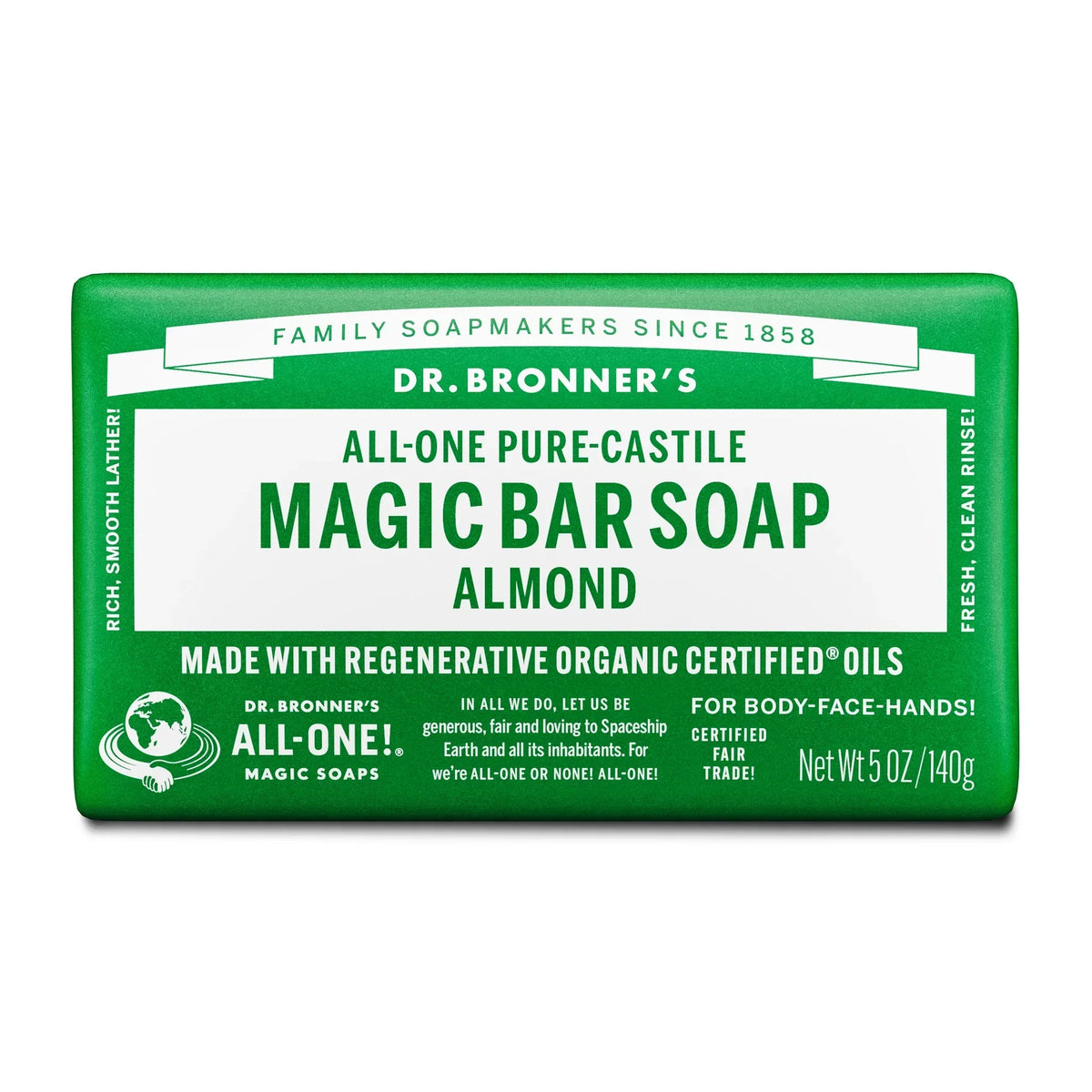 Dr. Bronners Magic Bar Soap in almond scent features a green wrapper, highlighting ALL ONE Pure Castile Magic Bar Soap. It emphasizes regenerative organic certified oils, fair trade certification, and net weight of 5 oz140g [5 oz]