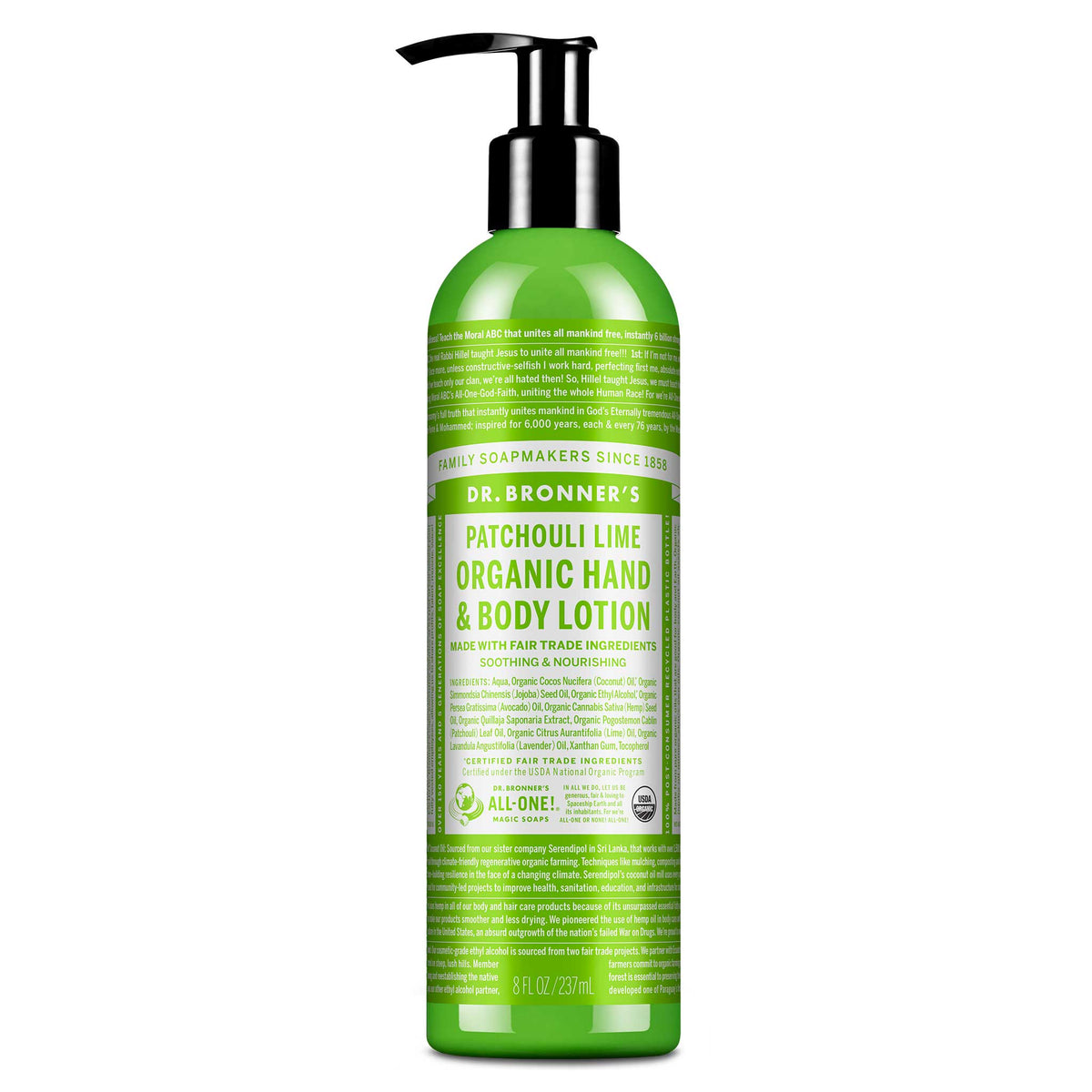 A green bottle labeled Dr. Bronners Patchouli Lime Organic Hand Body Lotion stands upright with a pump dispenser. Text emphasizes fair trade ingredients and nourishing properties, offering eco friendly, all in one skincare [8 oz]