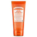 An orange tube labeled Dr. Bronners Organic Shaving Soap with detailed text about ingredients and usage. Features eco certification symbols, promoting natural, vegan, and cruelty free soap ideal for sensitive skin [7 oz]