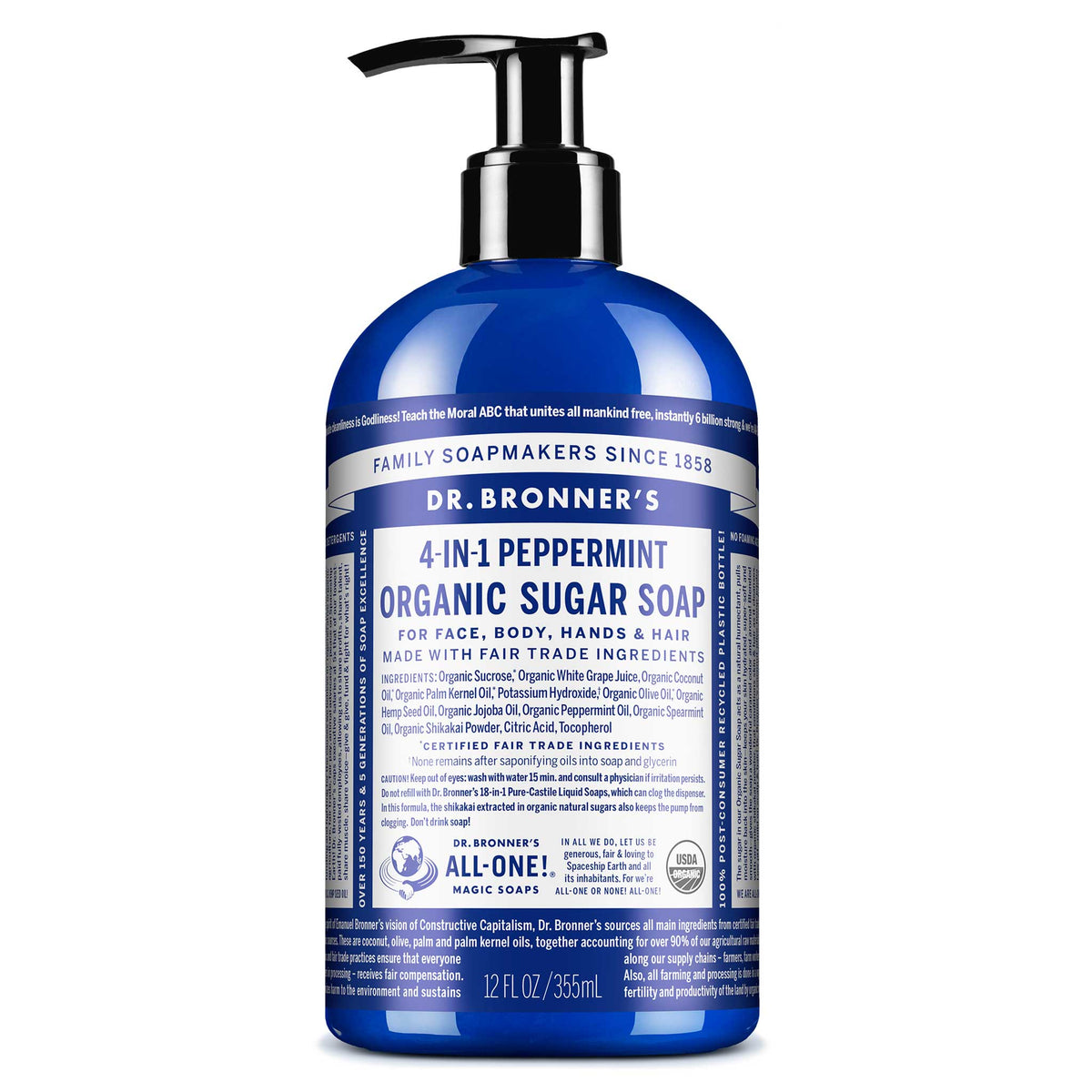 A blue bottle of Dr. Bronners Peppermint Organic Sugar Soap with a pump dispenser stands against a white background. The front label details ingredients and product information, emphasizing organic certification [12 oz]