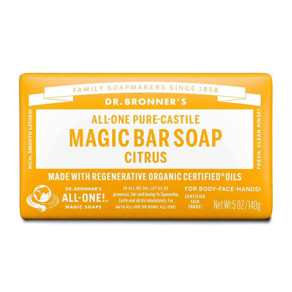 Dr. Bronners Citrus Magic Bar Soap features on its orange packaging DR. BRONNERS, ALL ONE PURE CASTILE MAGIC BAR SOAP, CITRUS. Made with organic oils, eco friendly. Suitable for multiple cleaning uses [5 oz]