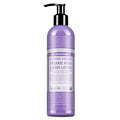 A lavender bottle labeled Dr. Bronners Lavender Coconut Organic Hand Body Lotion features a pump dispenser. Text highlights fair trade and organic certification. The bottle stands against a white background [8 oz]