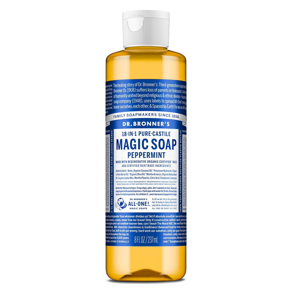 A bottle of Dr. Bronners Pure Castile Peppermint Soap stands upright. The blue label includes comprehensive text detailing ingredients and uses, emphasizing its organic, vegan, eco friendly, and biodegradable qualities [8 oz]