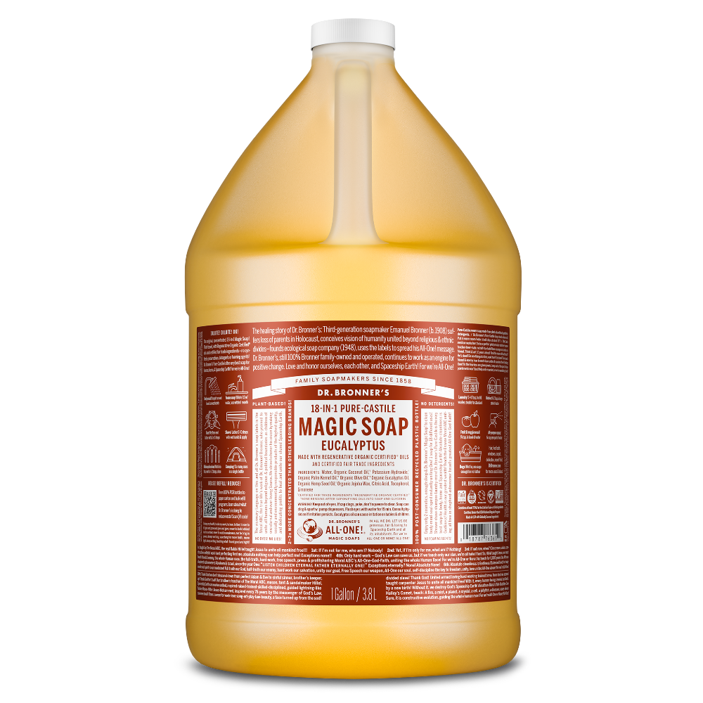 A large, one gallon bottle labeled Dr. Bronners 18 in 1 Pure Castile Magic Soap Eucalyptus sits upright. The label features detailed usage instructions and ingredient information in a red and white color scheme [1 Gallon]