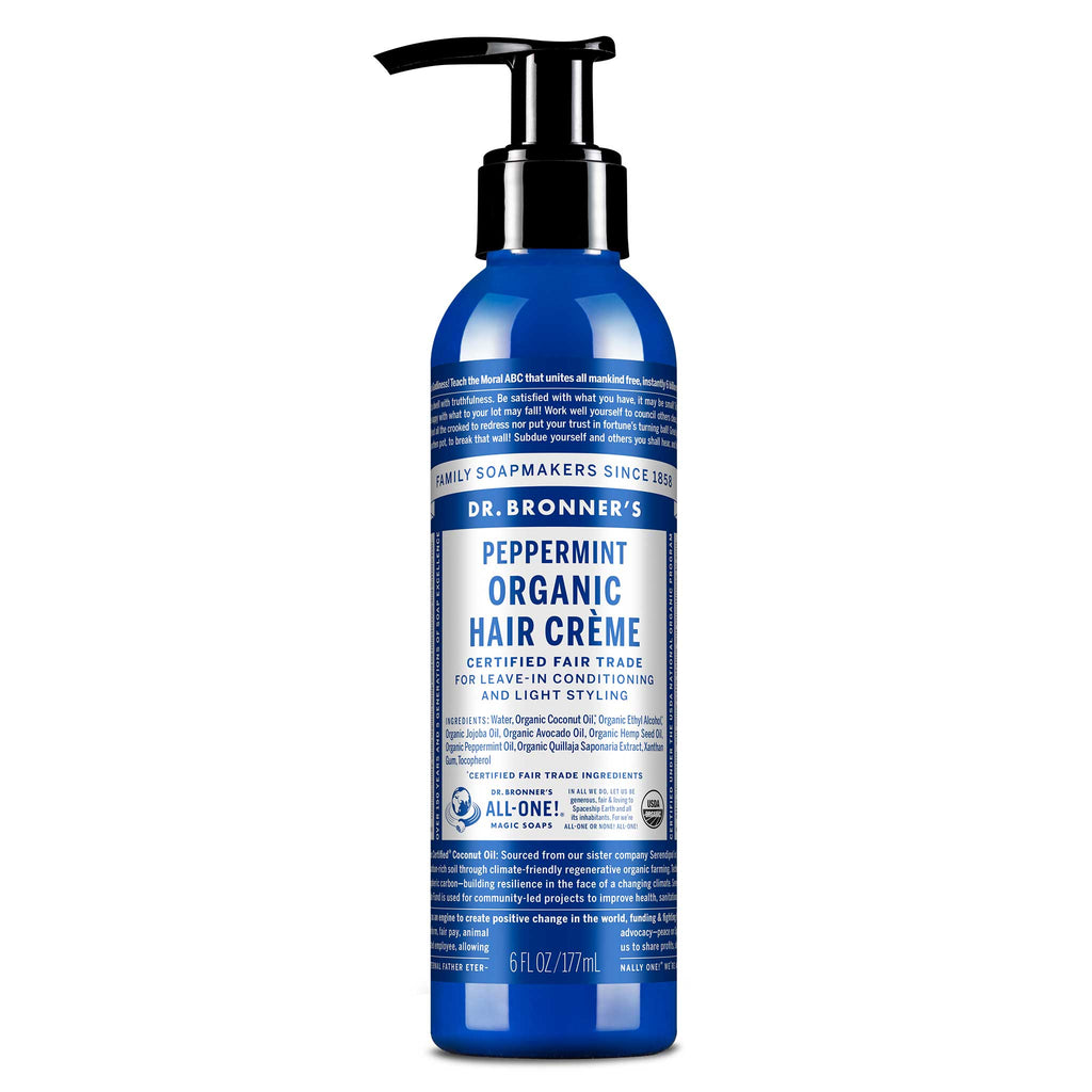 A blue bottle of Dr. Bronners Peppermint Organic Hair Crme features a pump dispenser, designed for leave in conditioning and styling. This fair trade, eco friendly product emphasizes sustainability and natural ingredients [6 oz]