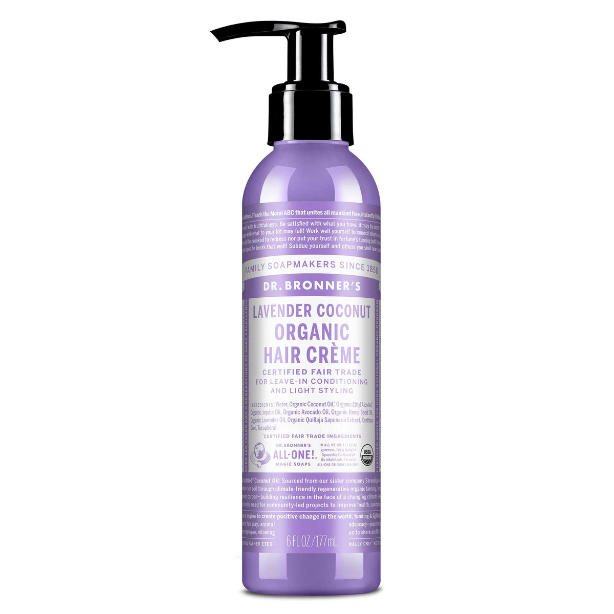 A lavender bottle labeled Dr. Bronners Lavender Coconut Organic Hair Crme with a pump dispenser. Text highlights certified fair trade and leave in conditioning and light styling. Contains organic ingredients, 6 fl oz [6 oz]