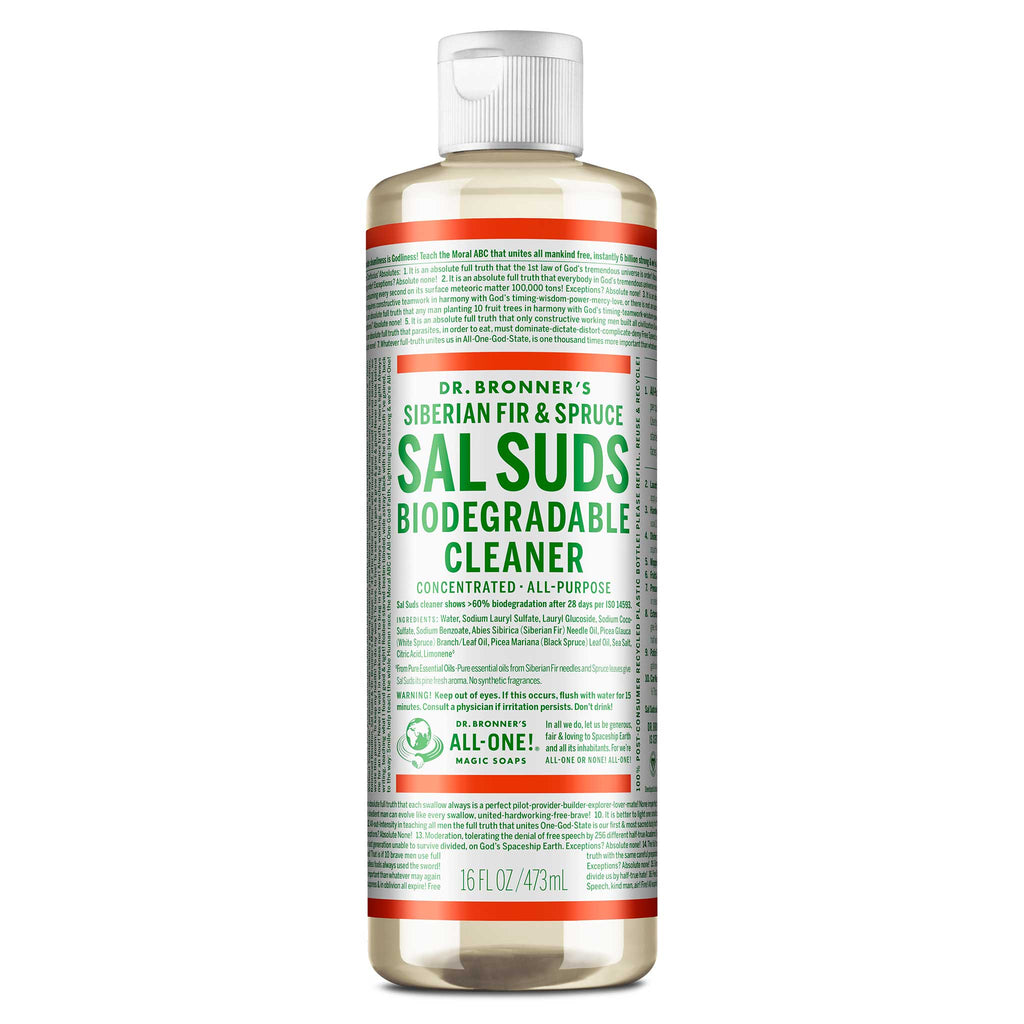 A 16 fl oz bottle of Dr. Bronners Sal Suds Biodegradable Cleaner stands upright. The label highlights Siberian Fir Spruce, concentrated all purpose use, and eco friendly credentials, offering versatile cleaning solutions [16 oz]