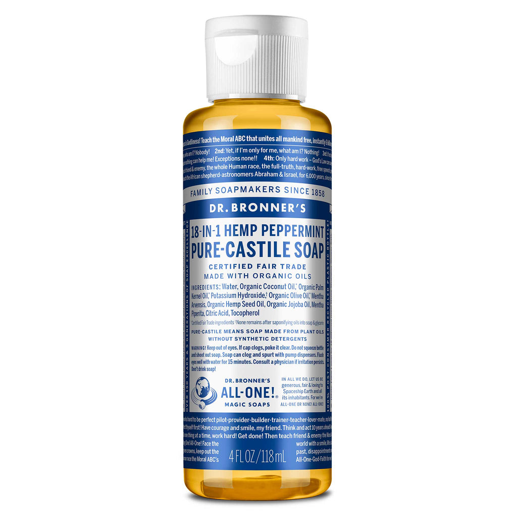 A small bottle of Dr. Bronners 18 in 1 Hemp Peppermint Pure Castile Soap stands upright, featuring a blue label with extensive white text, positioned against a plain white background [4 oz]