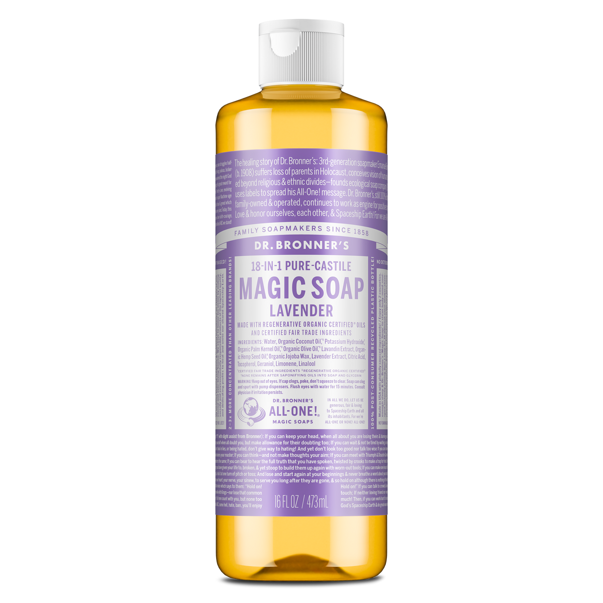 A bottle of Dr. Bronners Lavender Pure Castile Liquid Soap stands upright, featuring a purple label with extensive white text detailing its eco friendly, vegan, and organic attributes, surrounded by a white cap [16 oz]