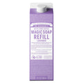 A purple carton labeled Dr. Bronners Magic Soap Refill Lavender with text detailing organic certification, ingredients, and usage. This eco friendly, vegan product is ideal for sustainable living and organic skincare [32 oz]