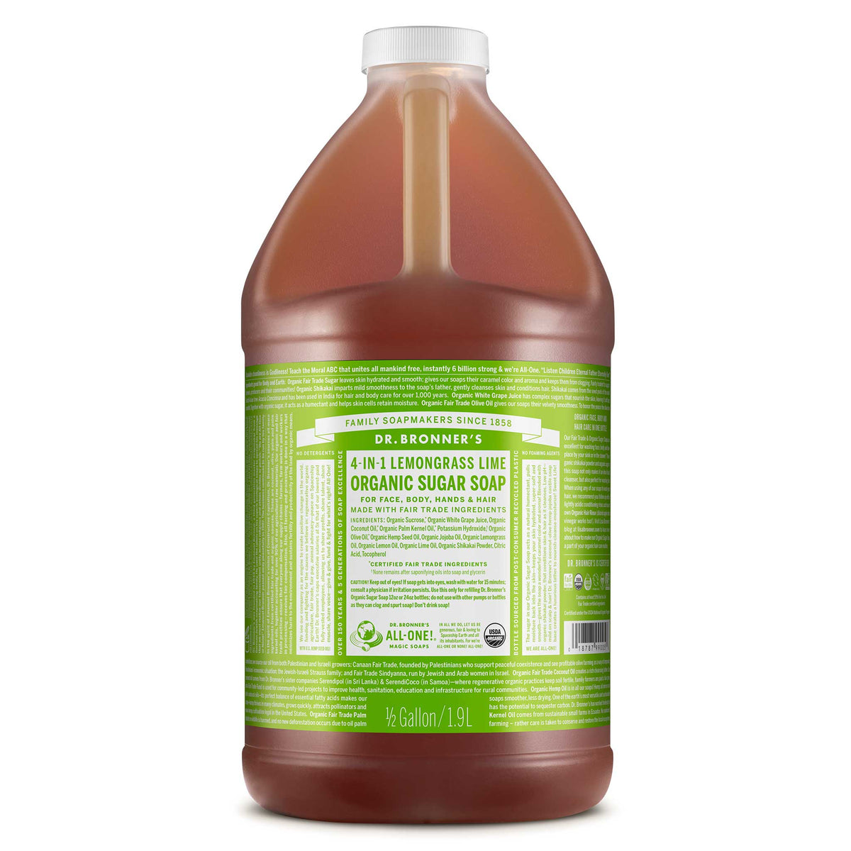 A half gallon bottle of Dr. Bronners 4 in 1 Lemongrass Lime Organic Sugar Soap features a green label with white text detailing uses for face, body, hands, and hair. Eco friendly and vegan [1/2 Gallon]