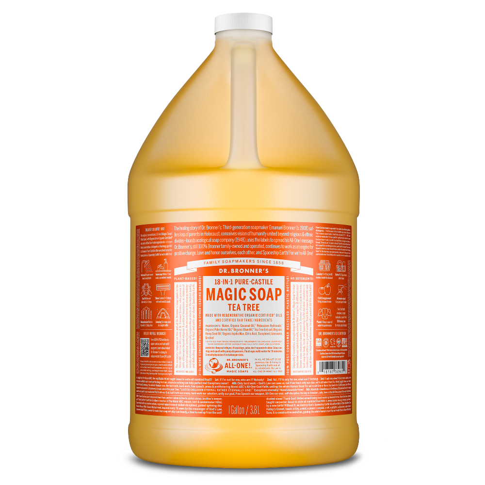 A gallon bottle labeled Dr. Bronners 18 in 1 Pure Castile Magic Soap Tea Tree stands upright with detailed orange and white text. It highlights natural, eco friendly, and vegan ingredients [1 Gallon]