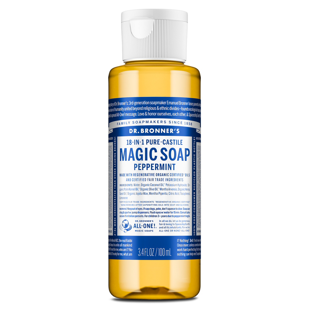 A 3.4 fl oz bottle of Dr. Bronners 18 in 1 Pure Castile Magic Soap Peppermint features a blue label with white text detailing its regenerative organic certified oils and fair trade ingredients [3.4 oz]