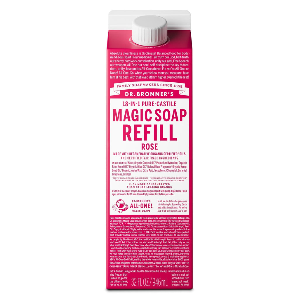 A carton of Dr. Bronners Magic Soap Refill in rose scent, highlighting 18 in 1 pure castile soap uses. Made with organic and fair trade ingredients like coconut and palm kernel oil, 32 fl oz [32 oz]