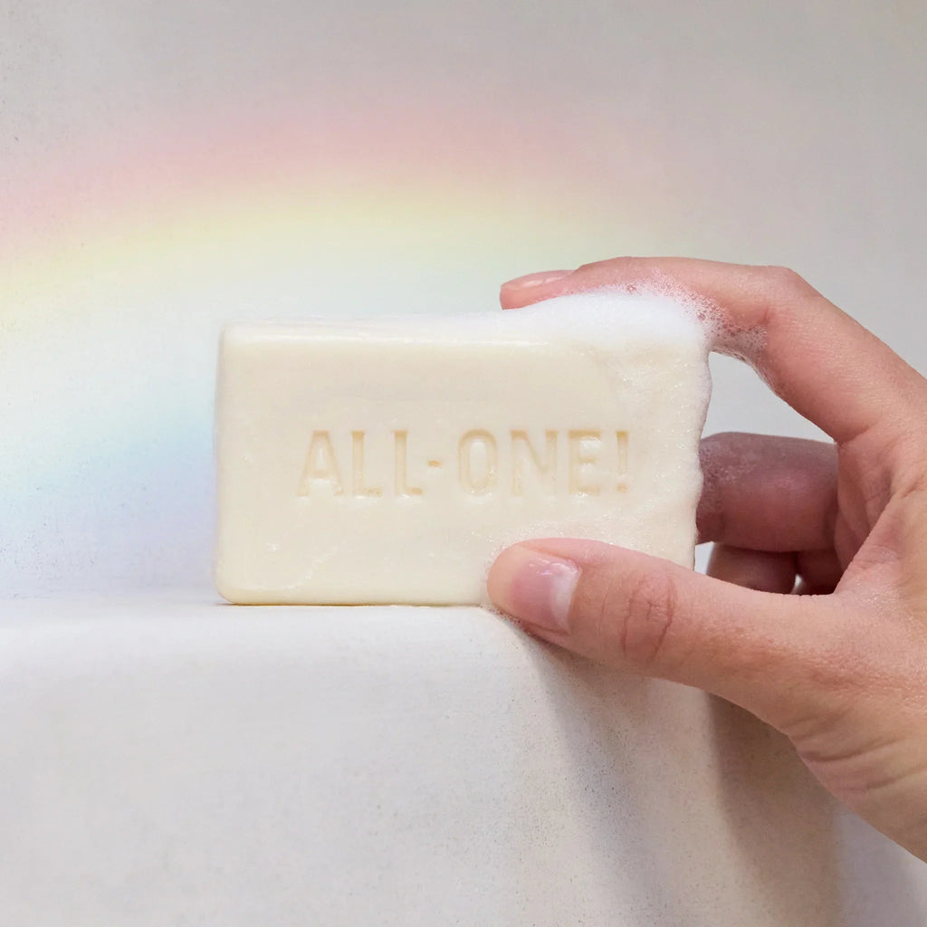 A hand holds a bar of soap with embossed text ALL ONE against a soft background with a visible rainbow. The scene suggests a natural, eco friendly product setting [5 oz]