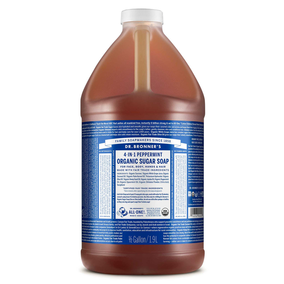 A large bottle of Dr. Bronners 4 in 1 Peppermint Organic Sugar Soap is displayed, featuring a blue label depicting detailed product information and branding for versatile uses. It emphasizes the bottles capacity of 12 gallon [1/2 Gallon]