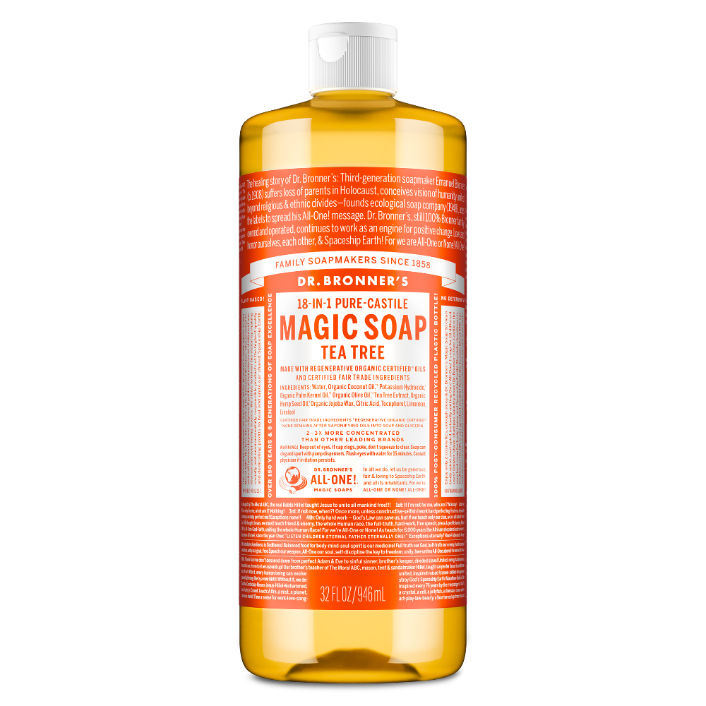 Bottle of Dr. Bronners Tea Tree Pure Castile Liquid Soap labeled in red. Text includes Dr. Bronners Magic Soap, Tea Tree, 18 in 1 Hemp, and instructions. Contains organic and fair trade ingredients suitable for eco friendly cleaning uses [32 oz]