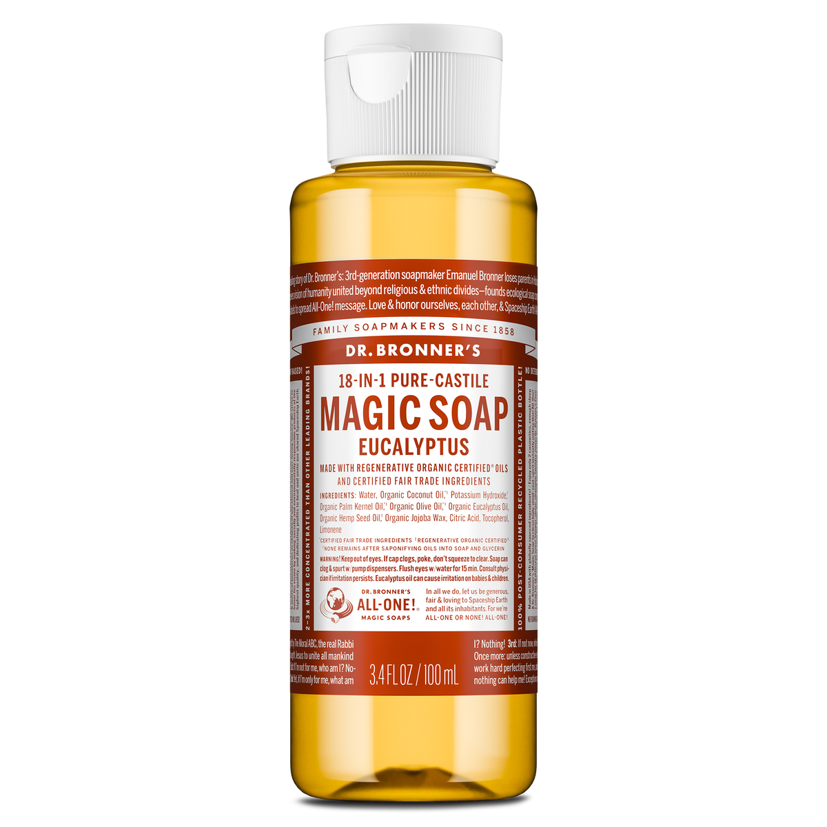 Dr. Bronners eucalyptus 18 in 1 pure castile soap in a 3.4 fl oz bottle features a white cap and a text filled brown label detailing its organic certification and multi use capabilities [3.4 oz]