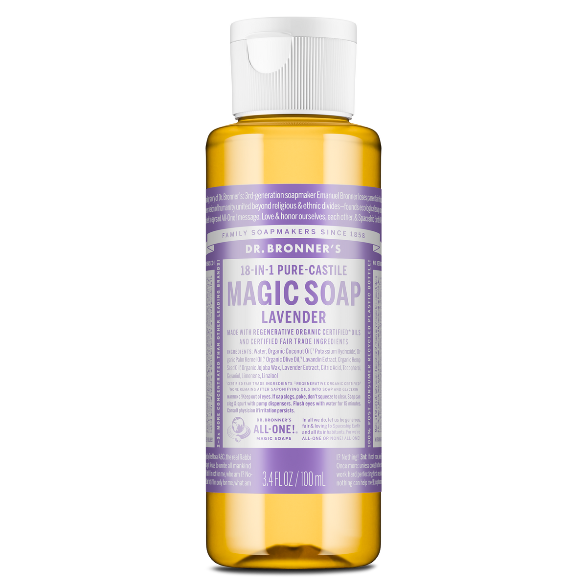 A bottle of Dr. Bronners Lavender Pure Castile Liquid Soap stands upright, featuring a lavender label with white text detailing ingredients and usage. Suitable for eco friendly, multi purpose cleaning needs [3.4 oz]