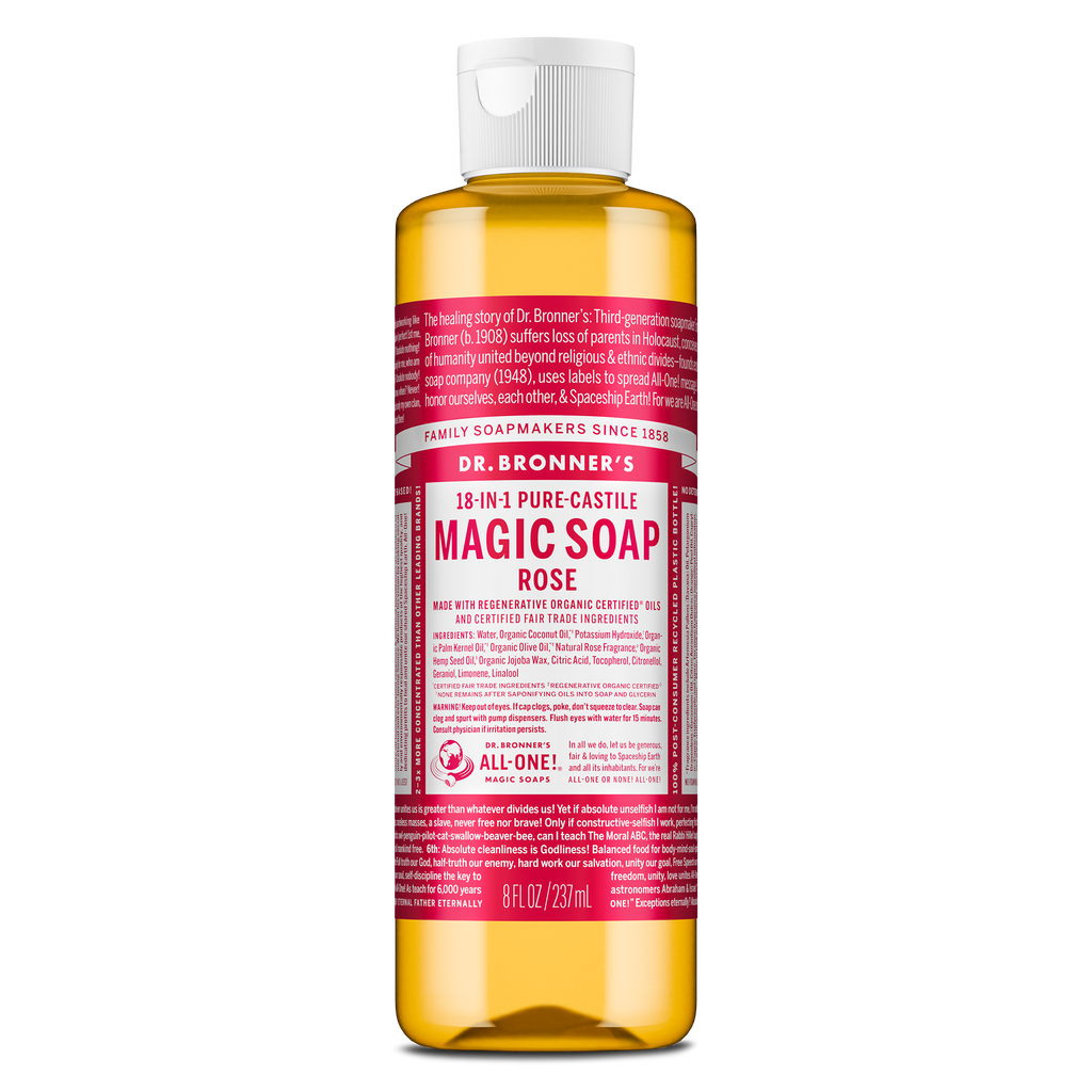 A bottle of Dr. Bronners 18 in 1 Pure Castile Magic Soap Rose variant, featuring a detailed label with text highlighting its regenerative organic certified oils and fair trade ingredients. 8 FL OZ [8 oz]