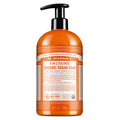 Dr. Bronners 4 in 1 Tea Tree Organic Sugar Soap is a pump bottle featuring fair trade ingredients. The orange label reads For face, body, hands hair. The natural soap promotes eco friendly skincare [24 oz]