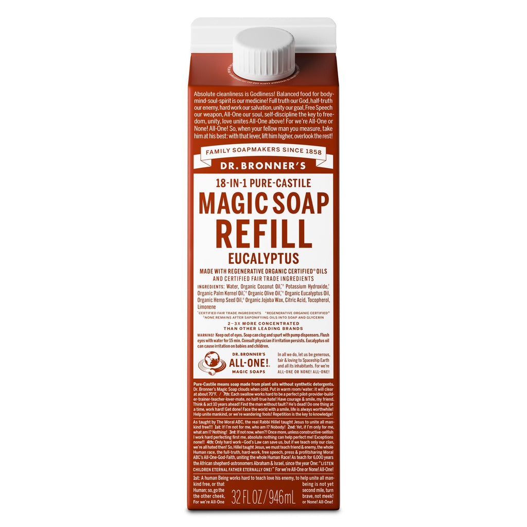 A carton displays DR. BRONNERS 18 IN 1 PURE CASTILE MAGIC SOAP REFILL EUCALYPTUS text prominently. Featuring fair trade organic ingredients, it champions sustainability in personal care within a versatile refillable packaging [32 oz]