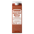 A carton displays DR. BRONNERS 18 IN 1 PURE CASTILE MAGIC SOAP REFILL EUCALYPTUS text prominently. Featuring fair trade organic ingredients, it champions sustainability in personal care within a versatile refillable packaging [32 oz]