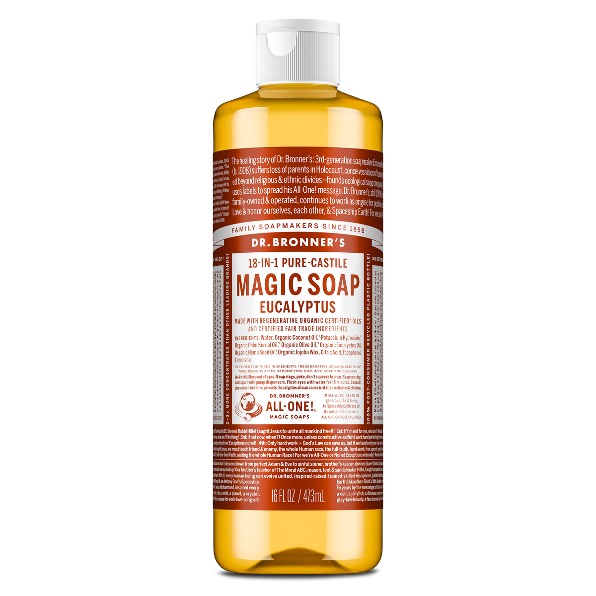 A bottle of Dr. Bronners almond castile soap stands upright with a white cap. The label includes Dr. Bronners 18 in 1 Hemp Almond Pure Castile Soap text. The background is plain white [16 oz]