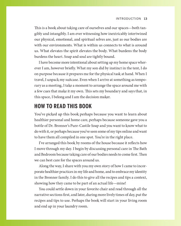Page shows the introduction from a book discussing the connection between self care and space. It mentions the use of Dr. Bronners Pure Castile Soap and describes organizing the book by room, offering personal care tips