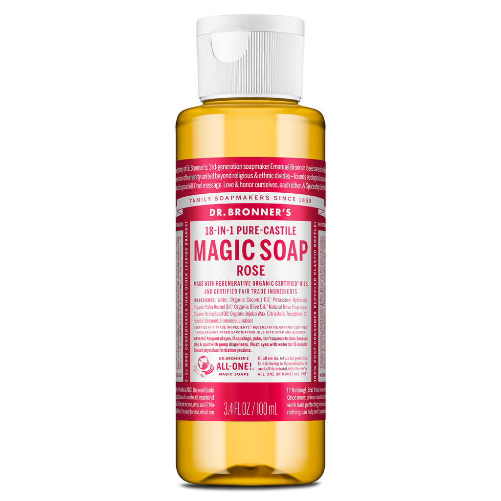 A bottle of Dr. Bronners Magic Soap in rose scent stands upright with a translucent container and pink label displaying text about its organic certification and versatile uses, emphasizing eco friendly benefits [3.4 oz]