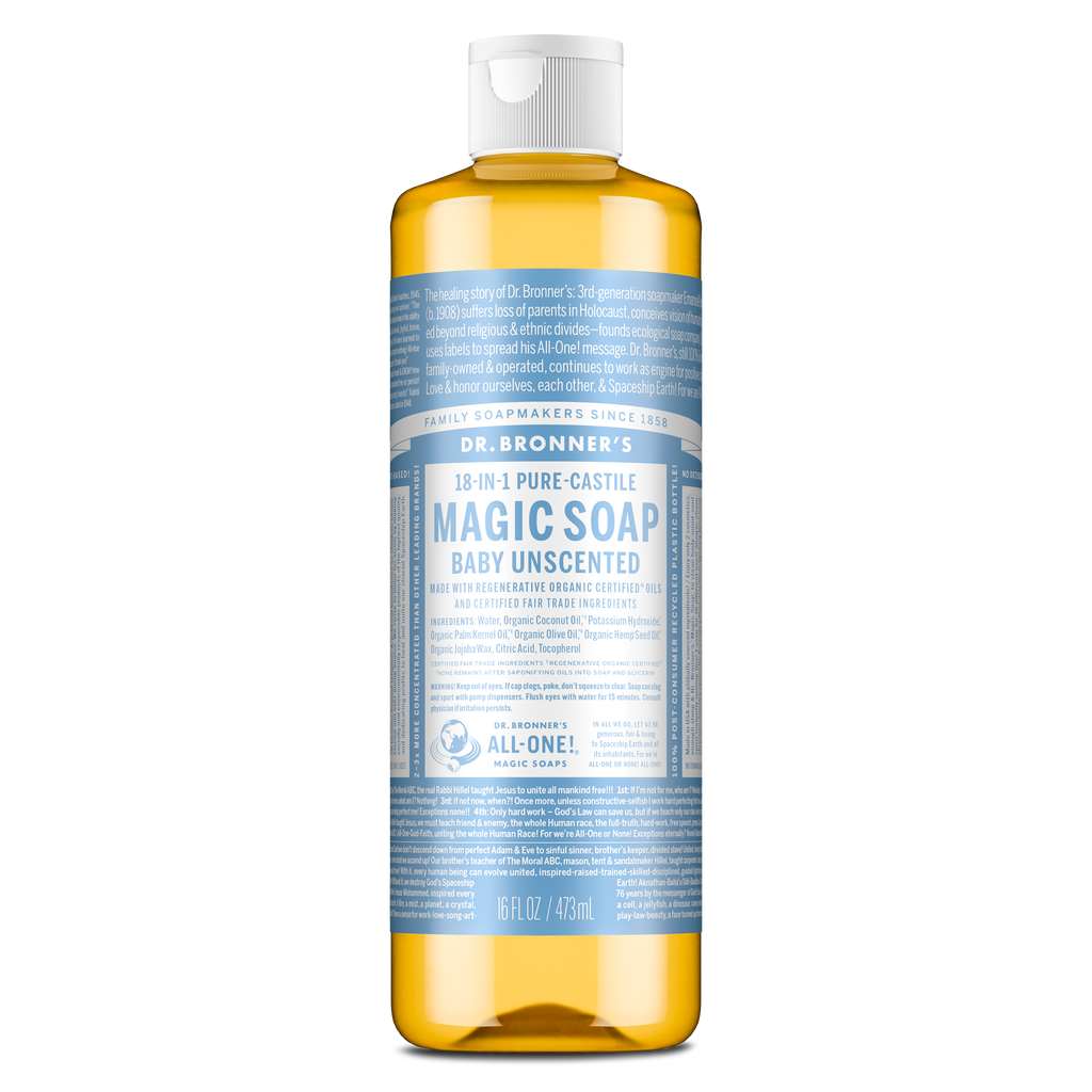 A bottle of Dr. Bronners Baby Unscented Pure Castile Soap features a blue label with extensive text detailing its natural, organic ingredients, and various sustainable uses. The cap is white [16 oz]