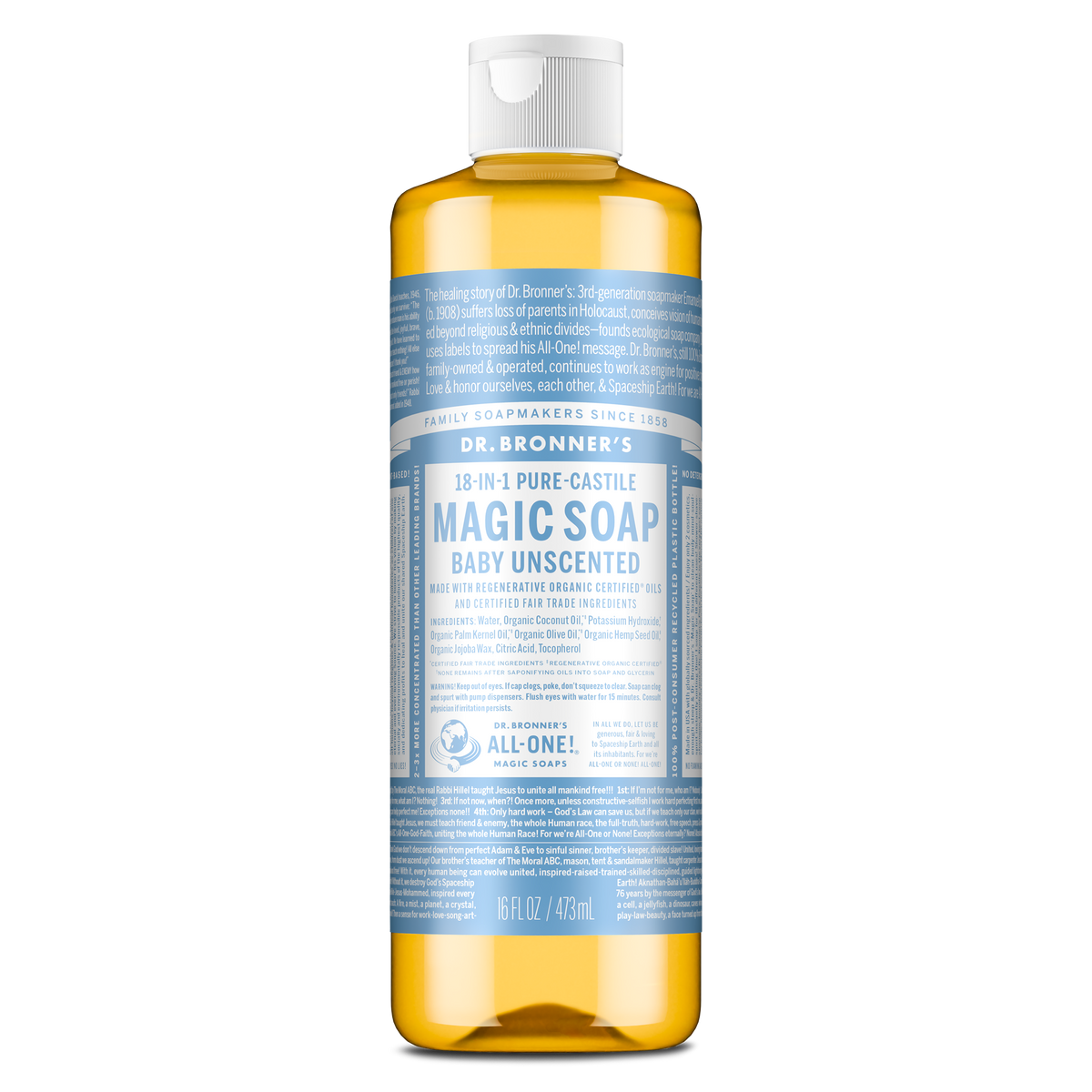 A bottle of Dr. Bronners Baby Unscented Pure Castile Soap features a blue label with extensive text detailing its natural, organic ingredients, and various sustainable uses. The cap is white [16 oz]