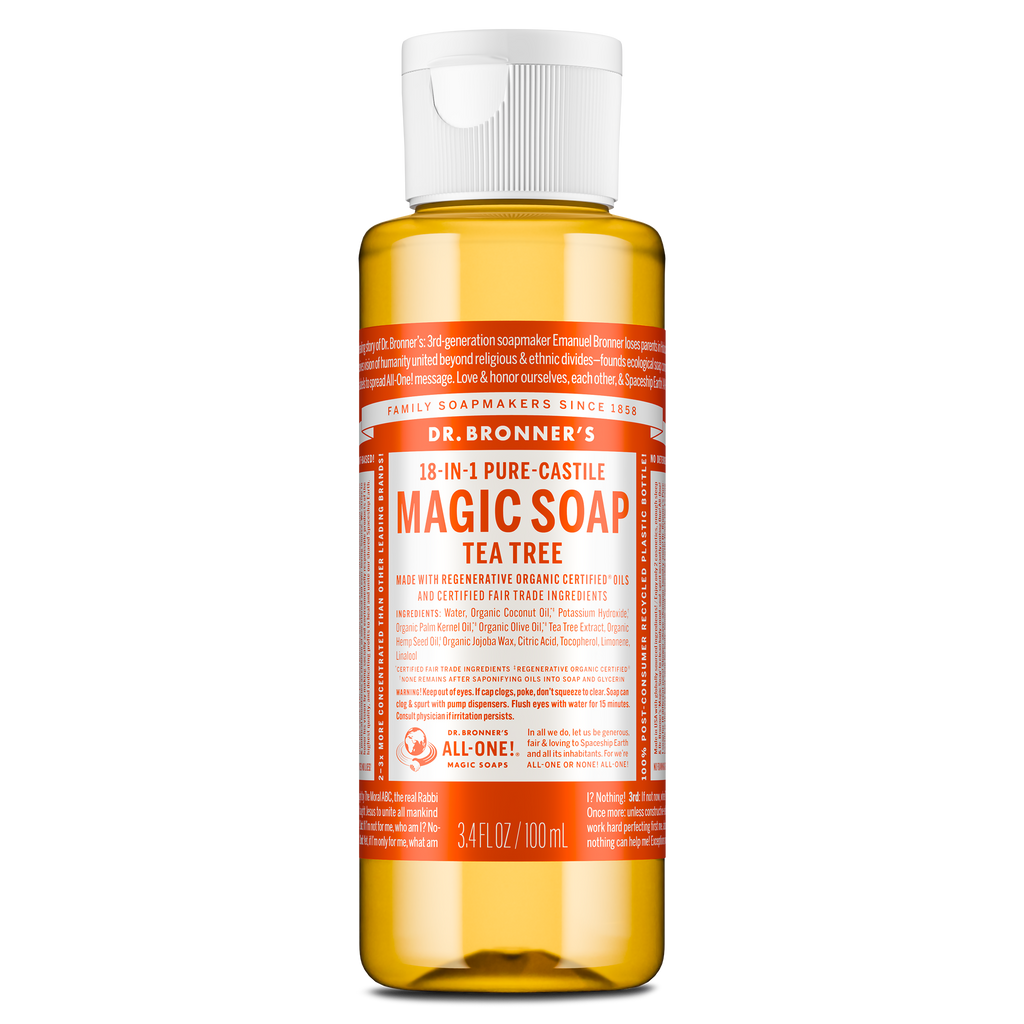 A compact 3.4 fl oz bottle of Dr. Bronners 18 in 1 Pure Castile Magic Soap features a white cap and vibrant orange label, highlighting Tea Tree scent with details about its organic certification [3.4 oz]